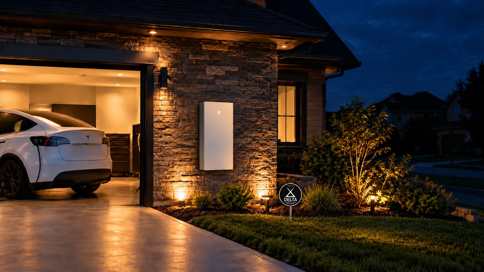 Tesla Powerwall 3 on a stone wall beside a lit garage with a Tesla charging