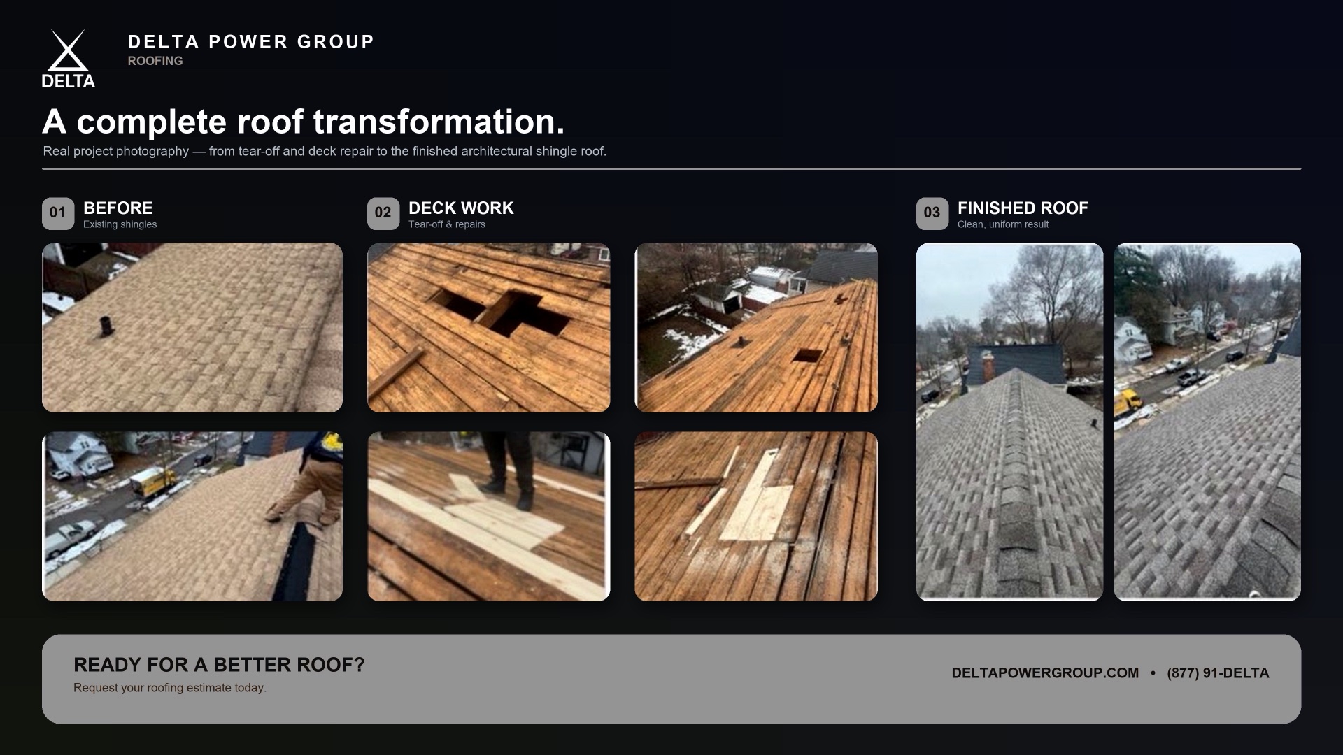 A complete Delta Power Group roof transformation: before, deck repair, and the finished architectural shingle roof